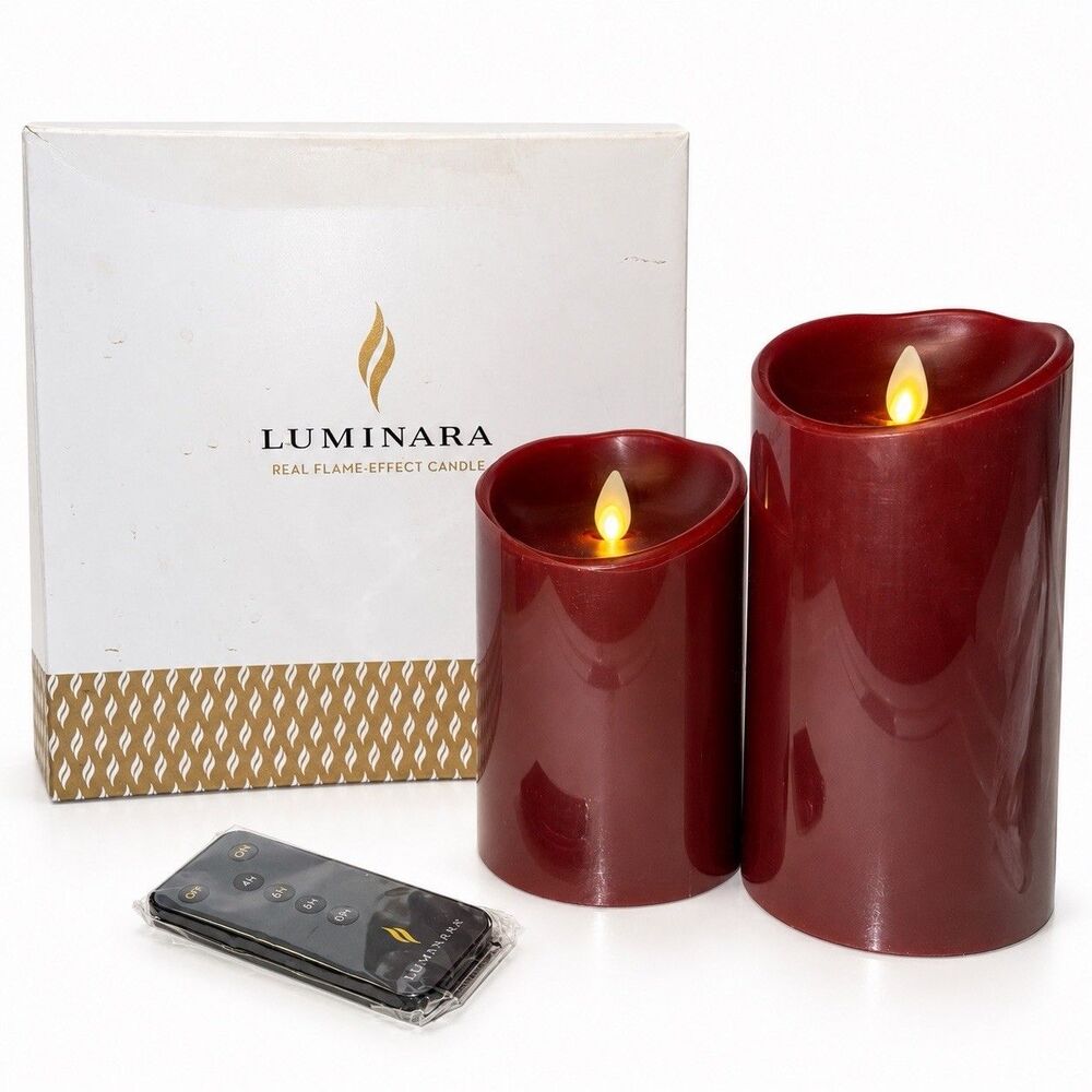 Luminara LU5400 Red Flameless Real Wax Pillar Candles 5.5” 7.5” Remote Timer Set